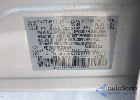 2021 Nissan Sentra Sv Xtronic Cvt z USA, uszkodzony, nr VIN 3N1AB8CV4MY248478